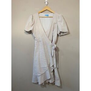 Draper James RSVP Wrap Dress Womens L Pink Green Stripes Seersucker Ruffle Hem